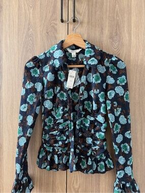 Anthropologie Navy Floral Ruffled Button-Up Jacket